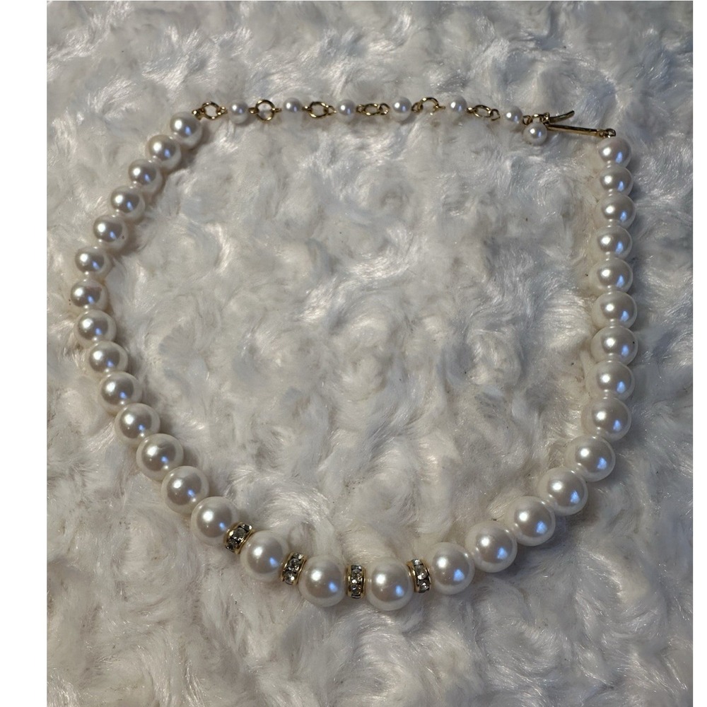 White Simulated Pearl Beaded Necklace Crystal Rhinestone Spacers Adjustable